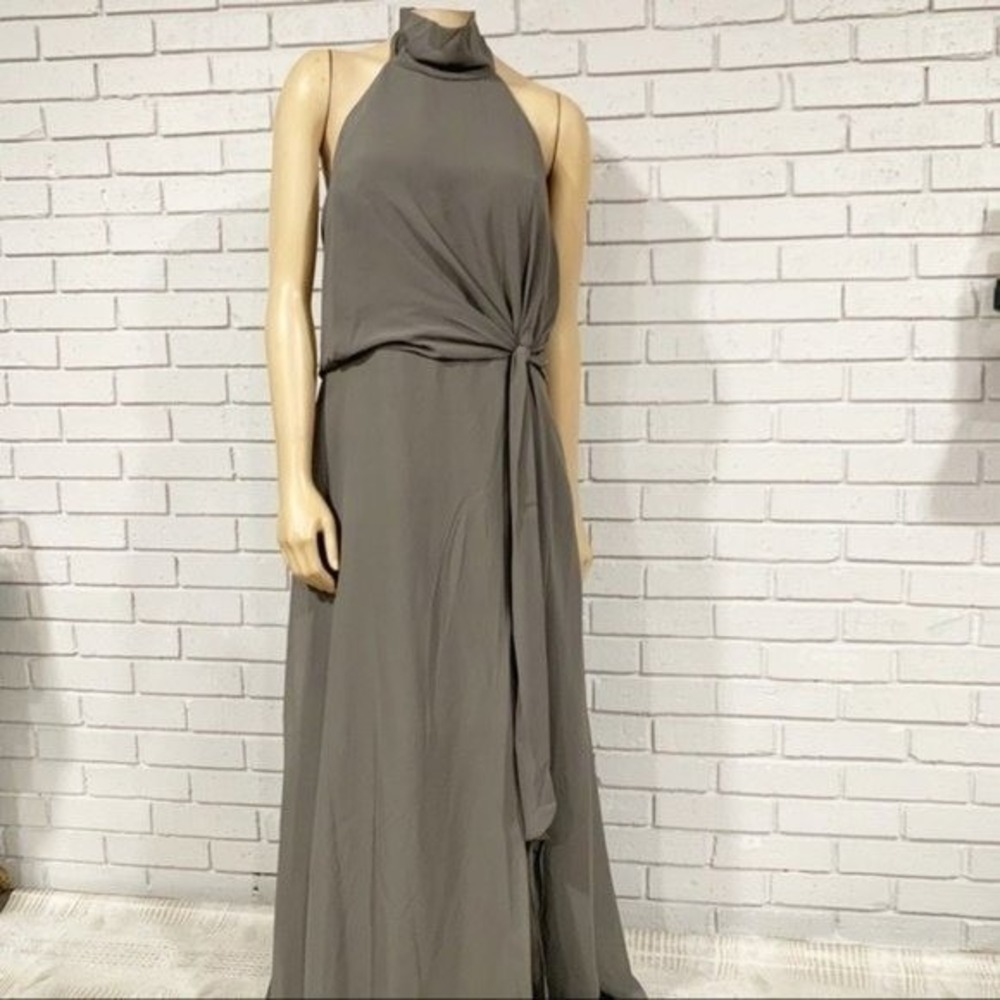 Jenny Yoo Elliya Gray Halter Open Back Side Tie Formal Gown Glam NWT 18
